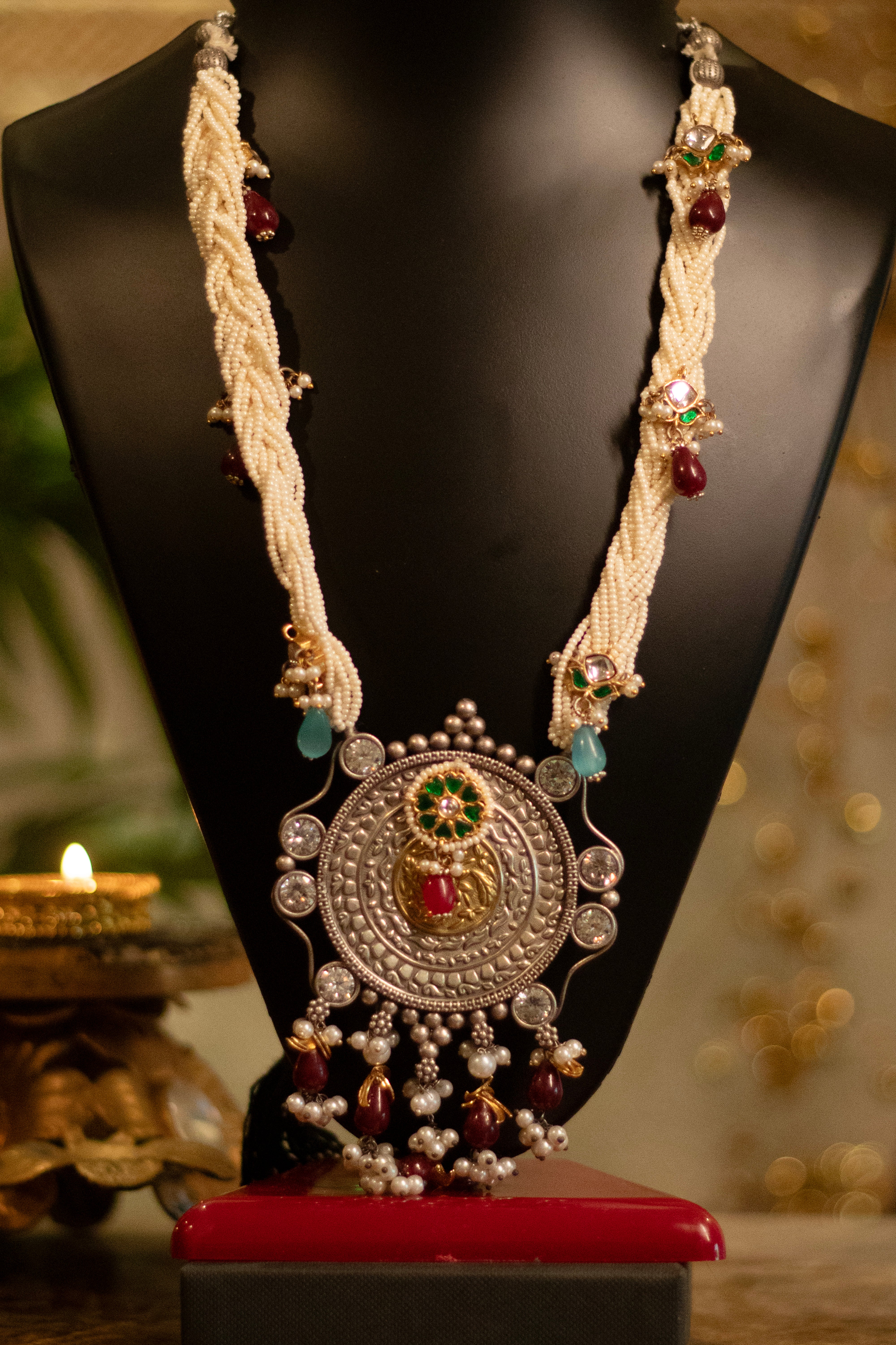 Antique Silver Medallion & Braided Pearl Mala