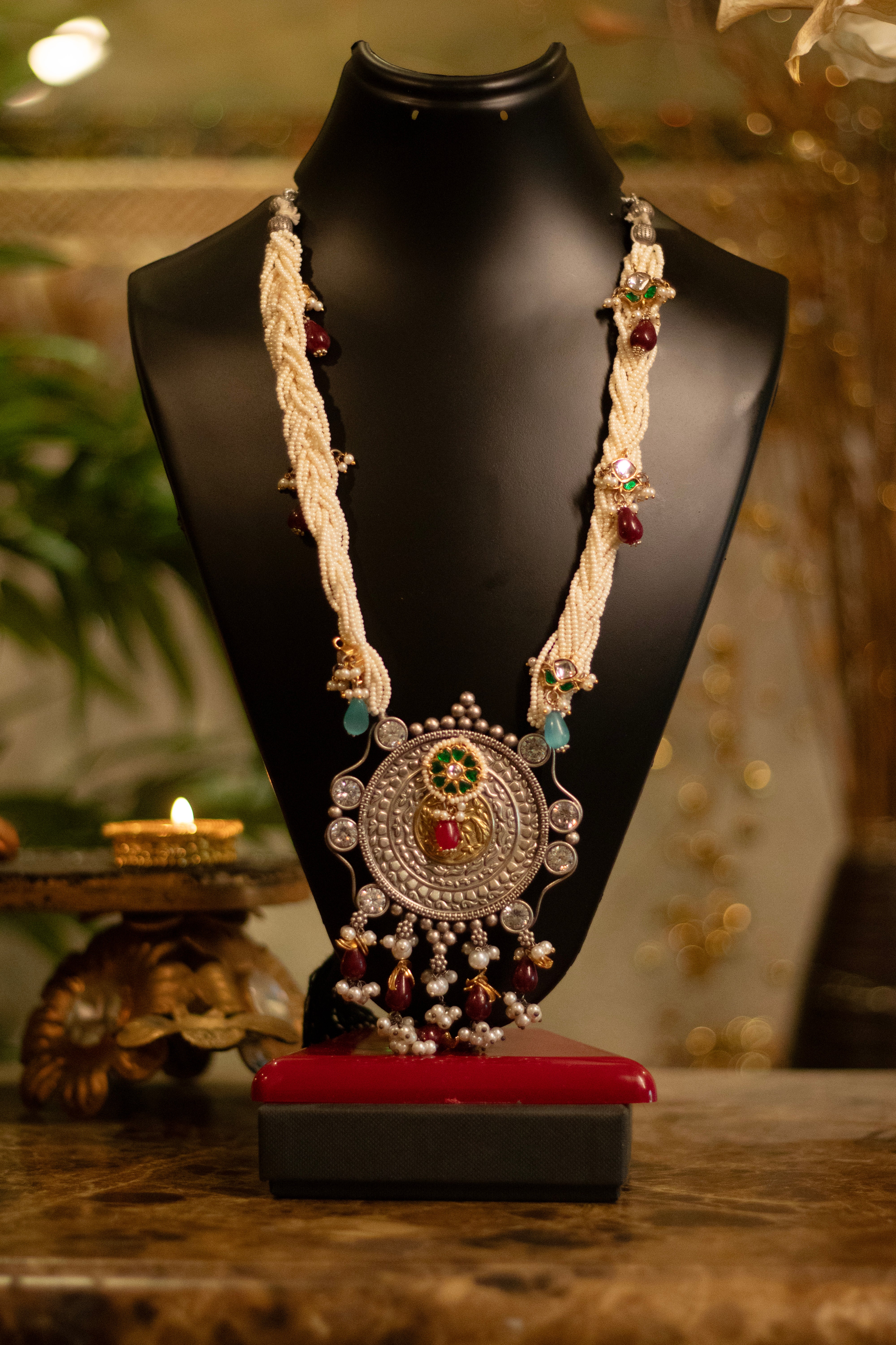 Antique Silver Medallion & Braided Pearl Mala