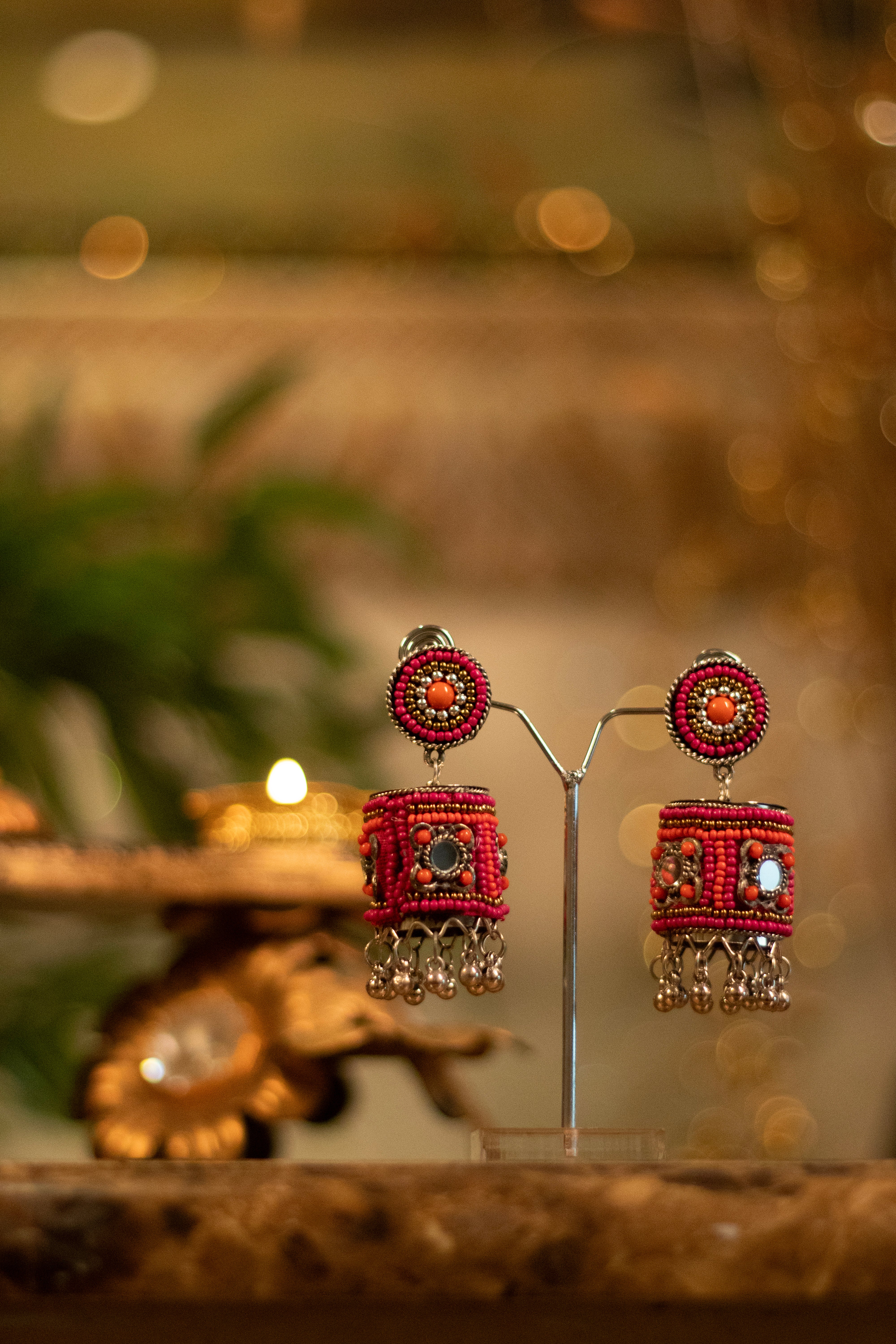 Festive Crimson Beaded Mirror-Work Jhumkas