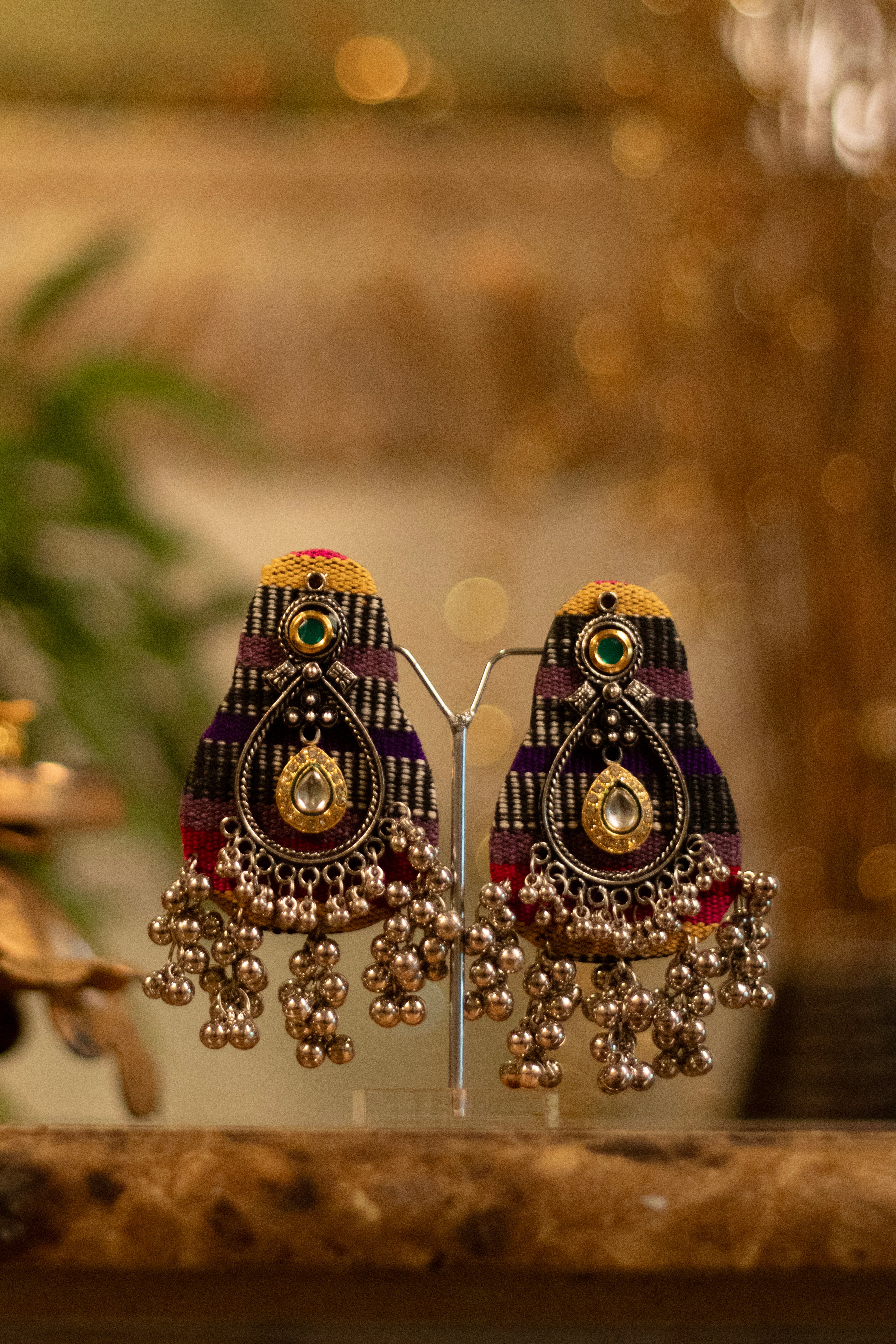Bohemian Fabric & Kundan Ghungroo Earrings