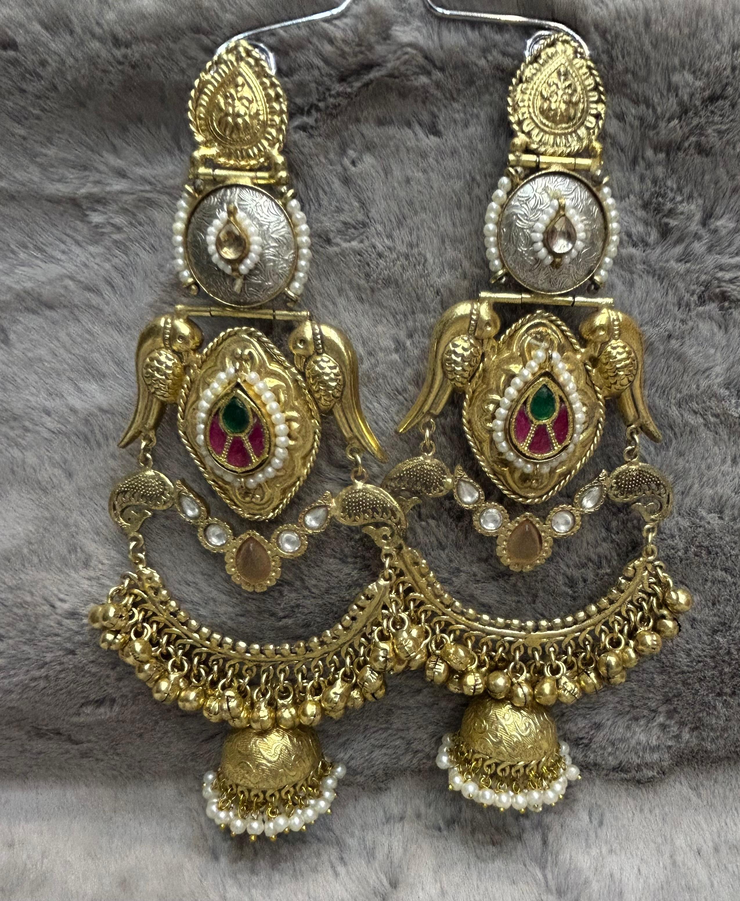Antique Peacock Kundan Chandbali Jhumka Earrings