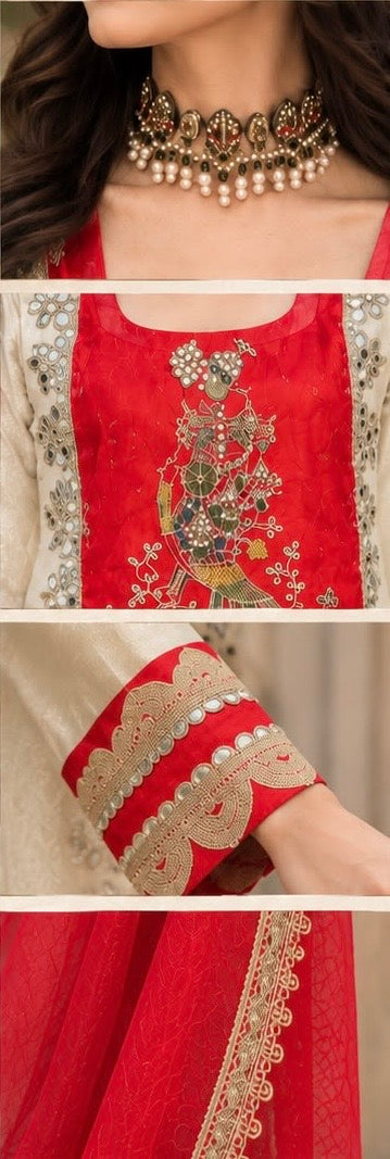 Regal Red & Ivory Embroidered Sharara Set