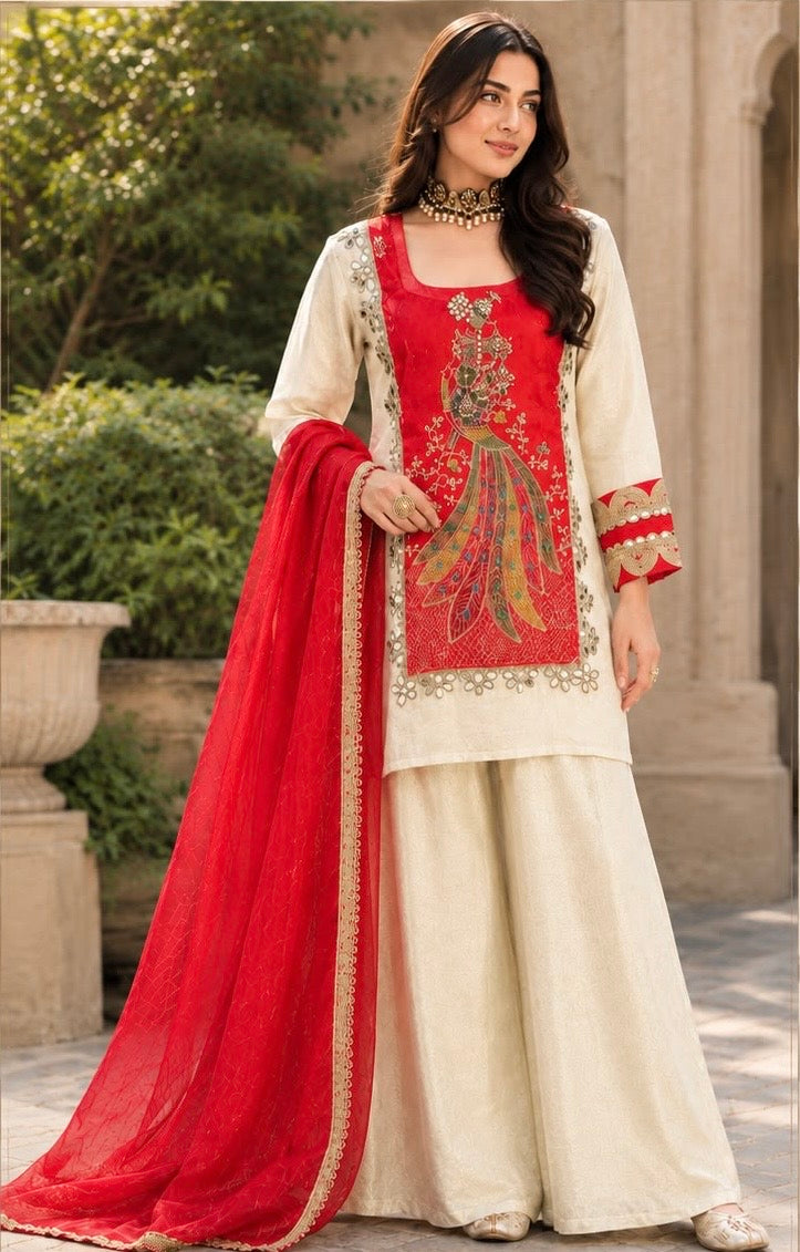 Regal Red & Ivory Embroidered Sharara Set