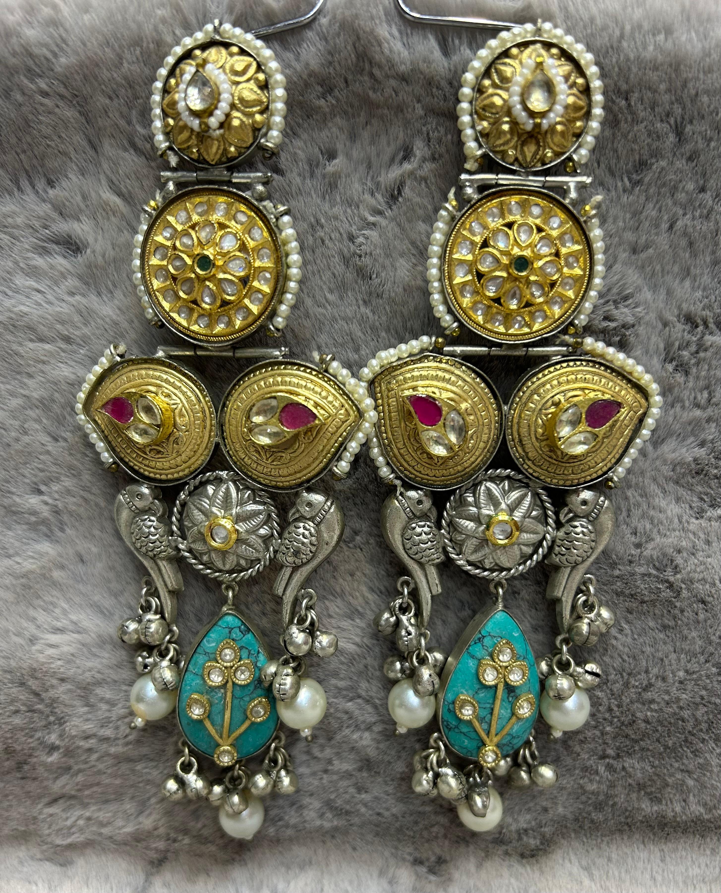 Vintage Peacock Multi-Stone Kundan Statement Earrings