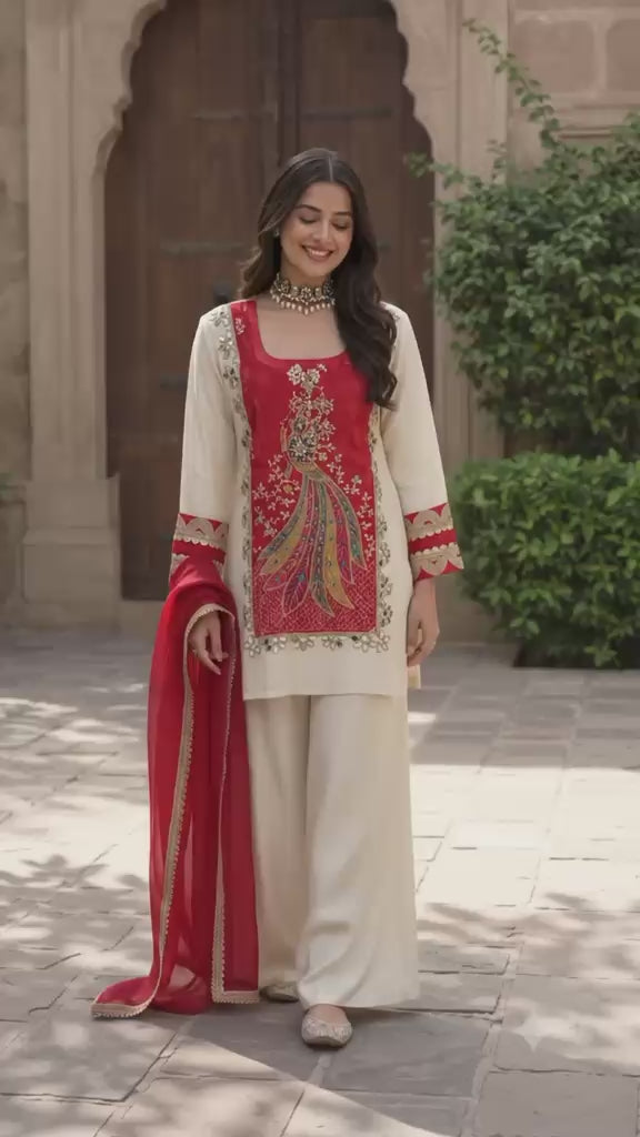 Regal Red & Ivory Embroidered Sharara Set