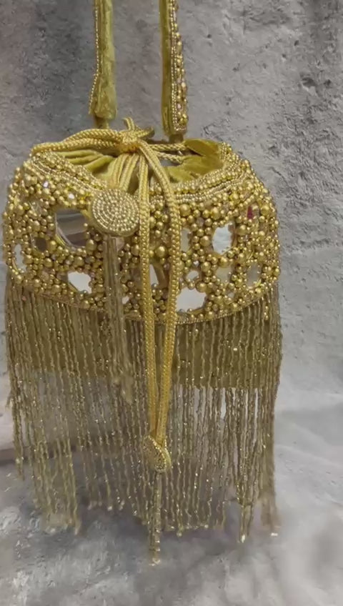 Golden Mirror Embellished Fringe Potli Bag